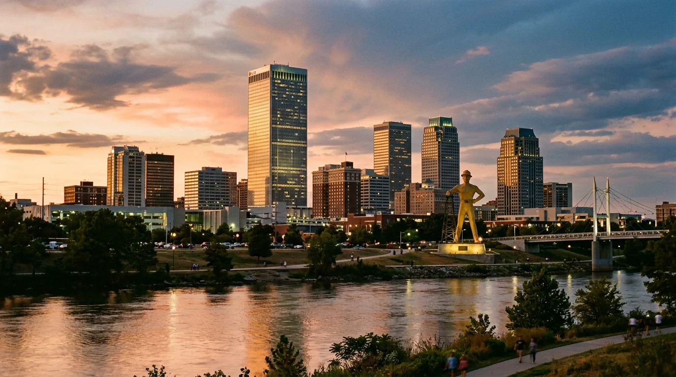 Tulsa Oklahoma downtown skyline with BOK Tower at sunset and Arkansas River