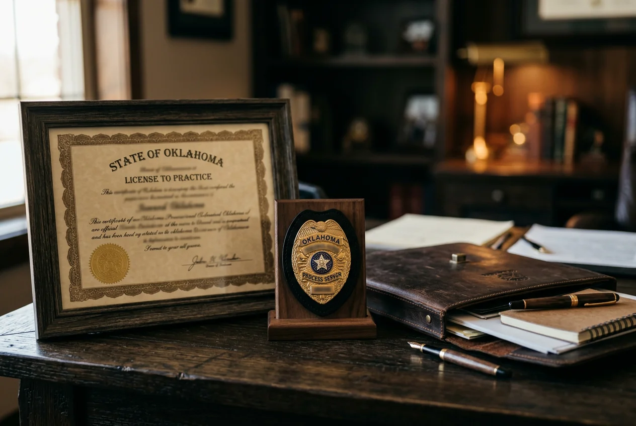 Oklahoma process server license badge and certificate on a desk with leather portfolio