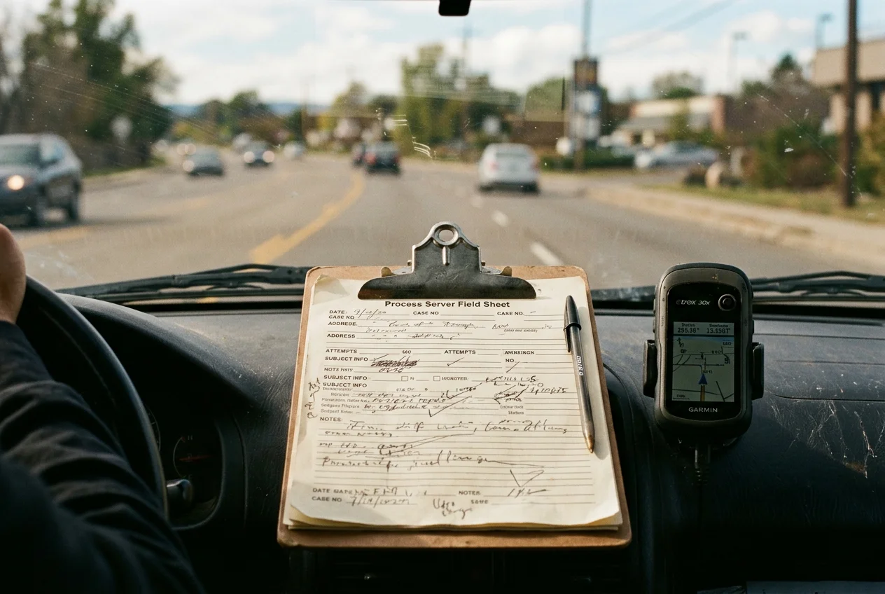 Process server field sheet on a clipboard with pen and GPS device for attempt tracking