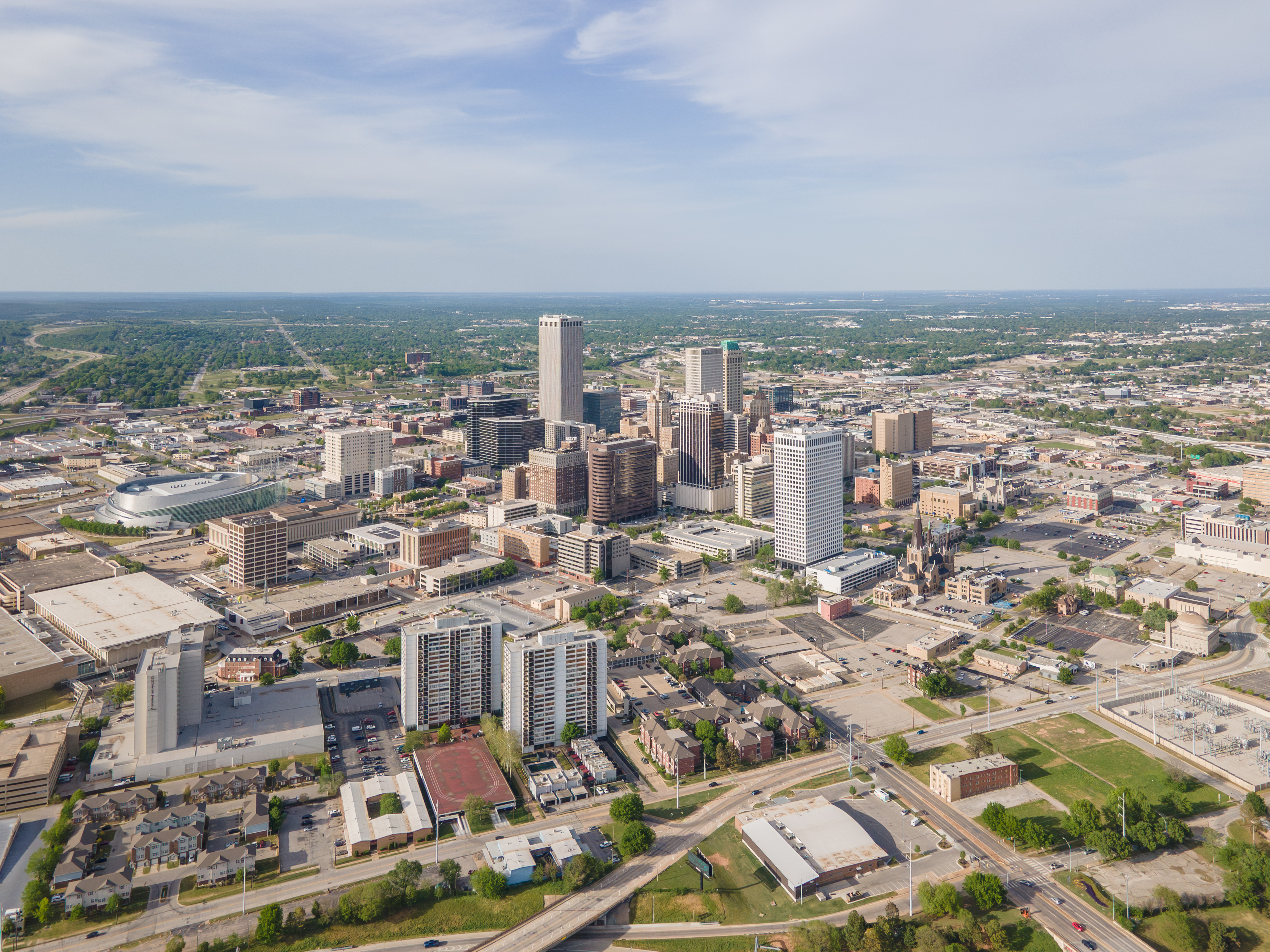 Aerial view of Tulsa skyline showing the city we serve
