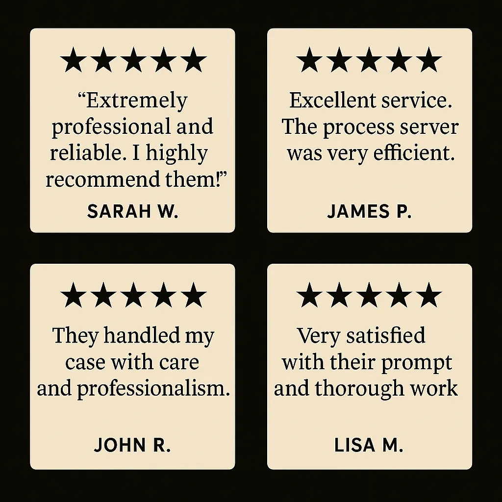 Client testimonials and reviews for Just Legal Solutions process server