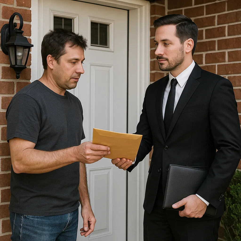 Process server delivering documents in a Tulsa neighborhood